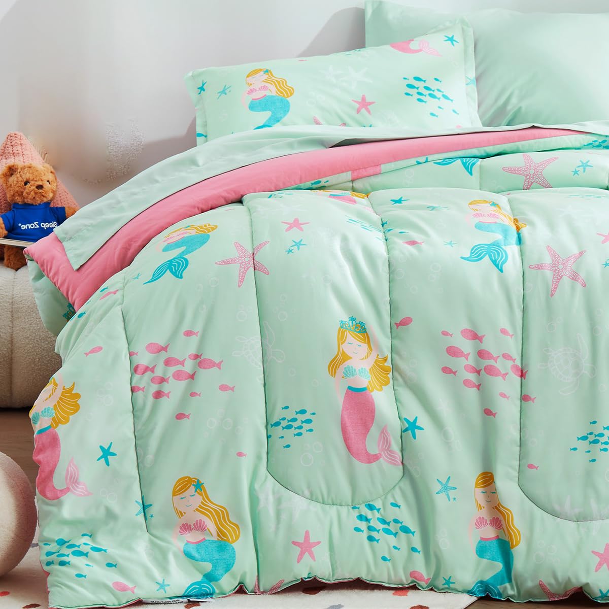 SLEEP ZONE Comforter Set Bed in A Bag, 7 Pieces Girls, Cattoon Pattern for Kids, Toddlers, Teens, Ultra Soft and Washable (Garden Secret,Full/Queen)