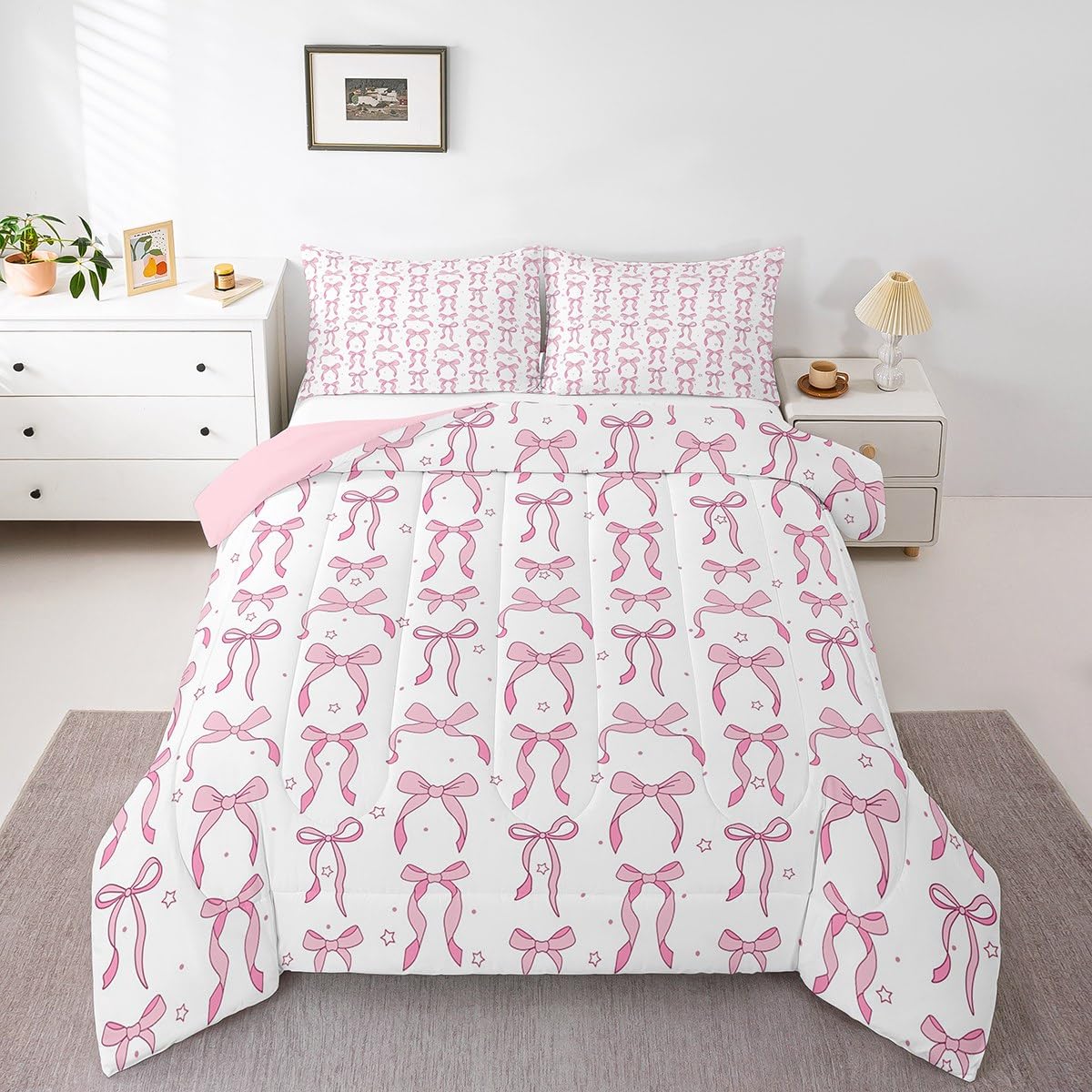 Erosebridal Cute Pink Bow Twin Bedding Set for Girls,Ribbon Bow Knot Comforter Set for Kids Kawaii Room Decor,Princess Bowknot Bed Set Girly Pink Bows Bedding Comforter Sets,1 Pillowcase