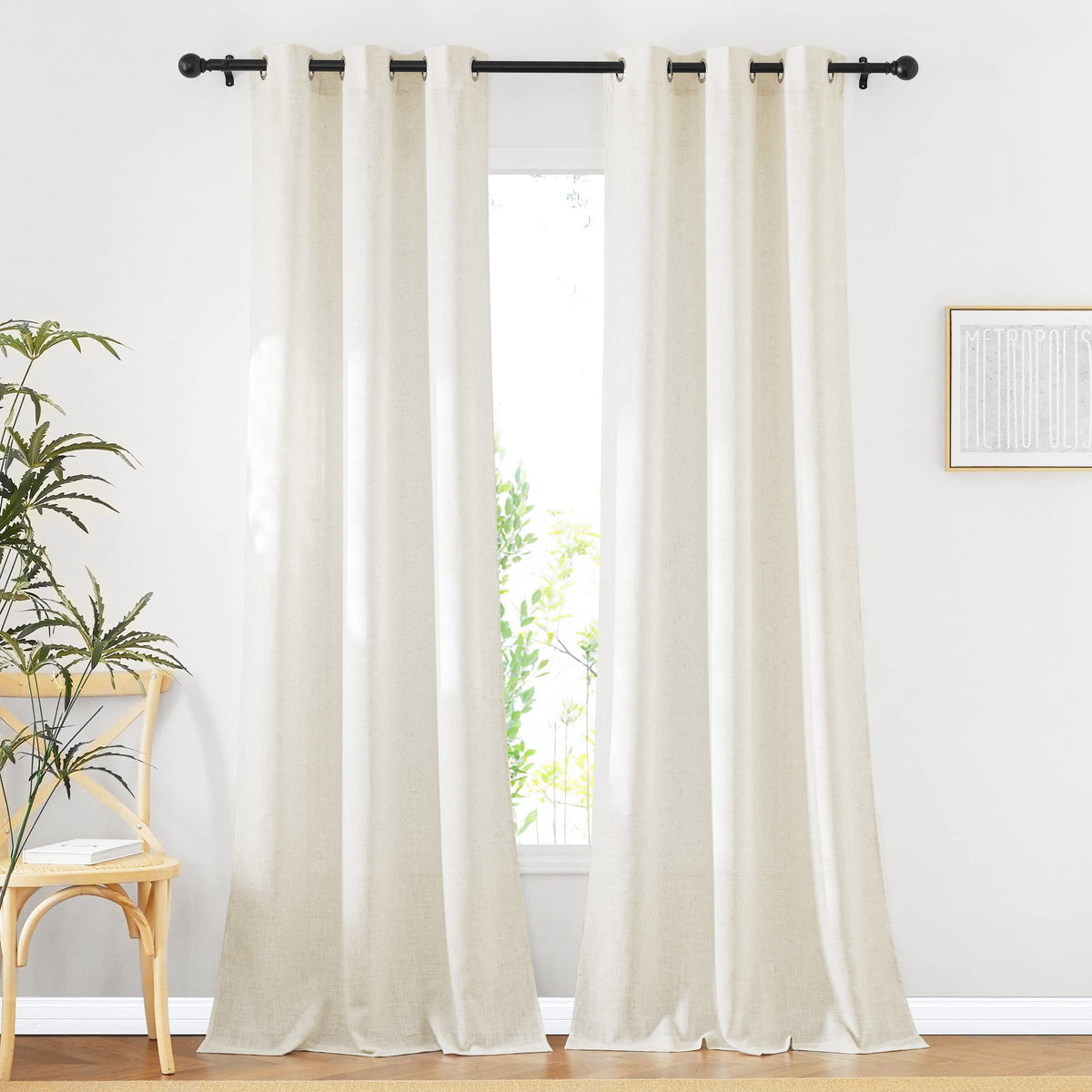 NICETOWN Semi Sheer Linen Ivory Curtains for Bedroom, W52xL84, 2 Panels