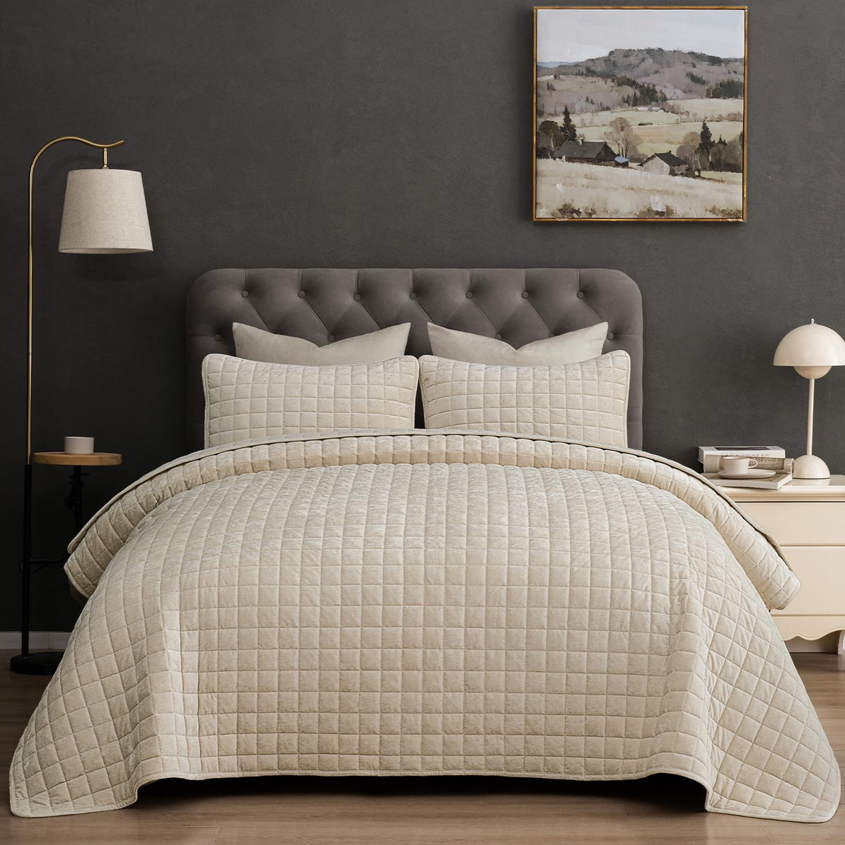 PHF Diamond Pattern Luxury Velvet Quilt Set Queen Size, Sand
