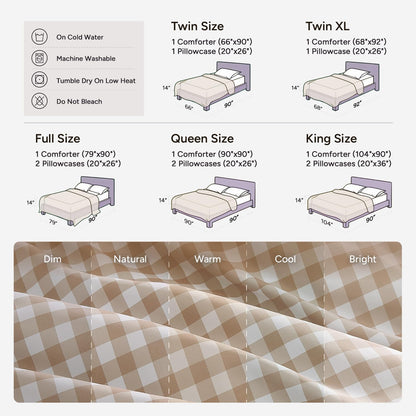 Andency Tan Gingham Comforter Set Twin, Brown Checkered Grid Plaid Bedding