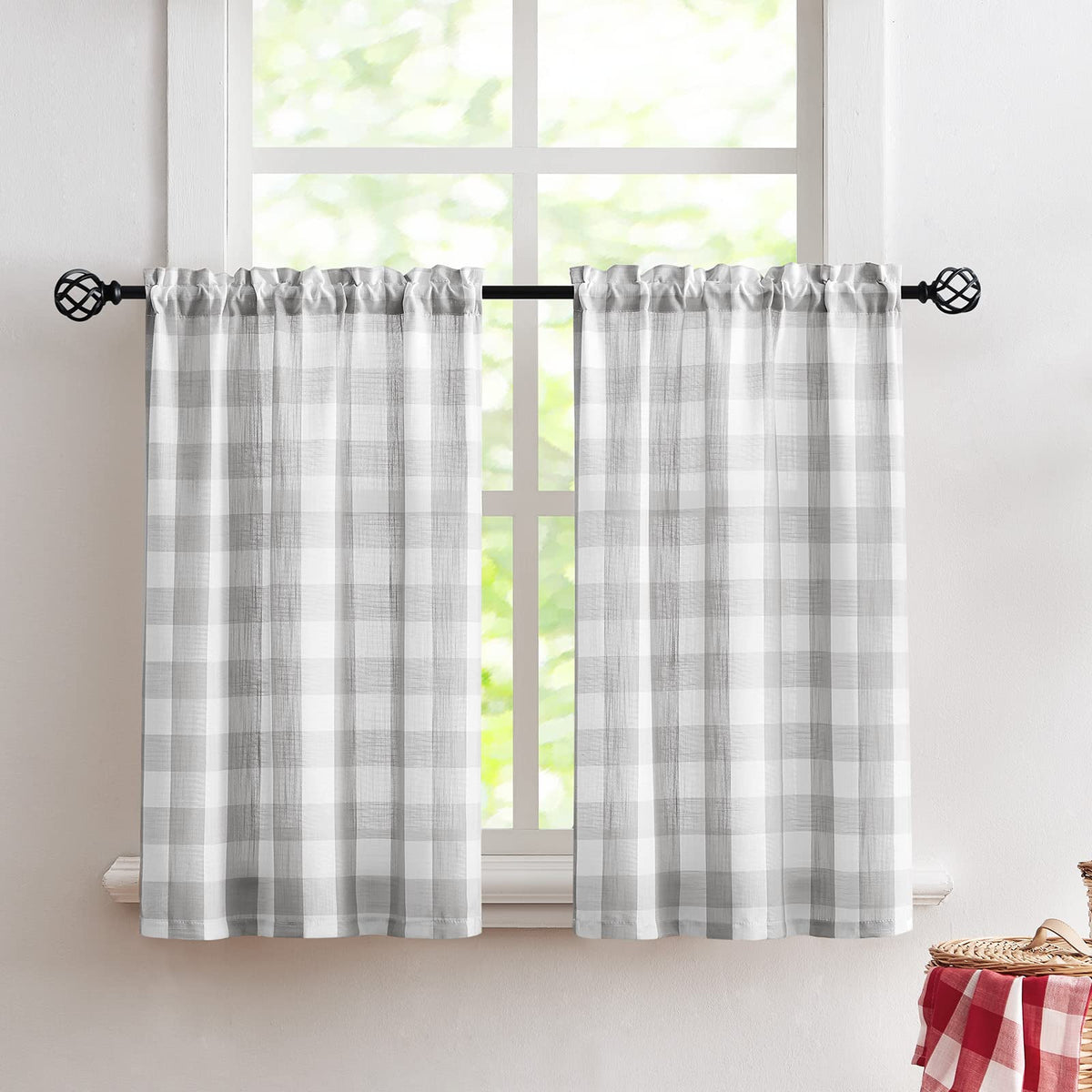 Taupe White Check Kitchen Tier Curtains for Basement Laundry 27x36 2pcs