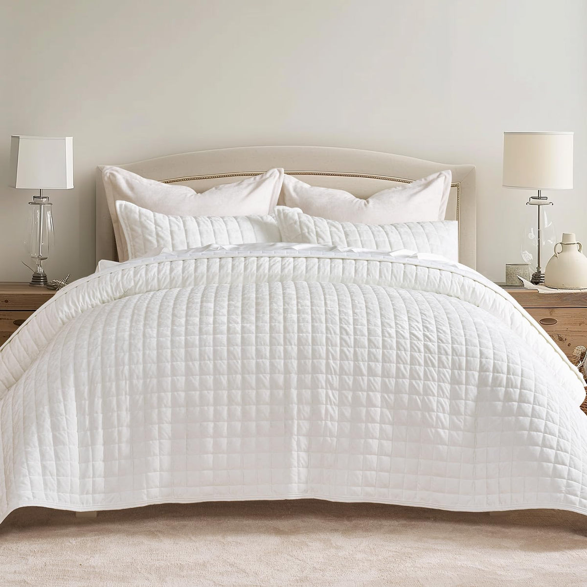 RECYCO Channel Box Stitch Velvet Quilt Set, King Size, Beige