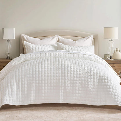 RECYCO Channel Box Stitch Velvet Quilt Set, King Size, Beige