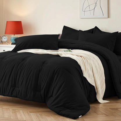 Queen Comforter Set 7 Piece - Black Soft Bed in a Bag Queen Size Comforter Sets, Lightweight Bedding Sets with Down Alternative Comforter, Flat Sheet, Fitted Sheet, 2 Pillowcases & 2 Shams