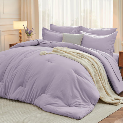 MUXHOMO Full Comforter Set 7 Pieces, Soft Bed in a Bag, Beige