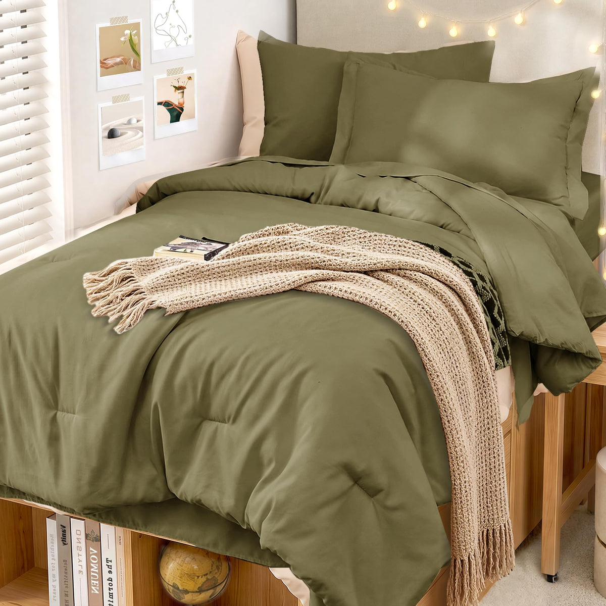 MUXHOMO Full Comforter Set 7 Pieces, Soft Bed in a Bag, Beige