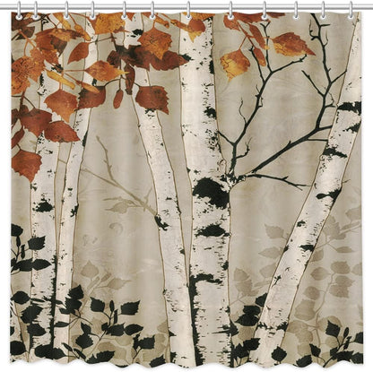MEHOFOND Fall Birch Trees Shower Curtain Autumn Maple Leaves Shower Curtain Forest Nature Scenery Decor Fabric Bathroom Curtains with 12 Plastic Hooks 72x72 in