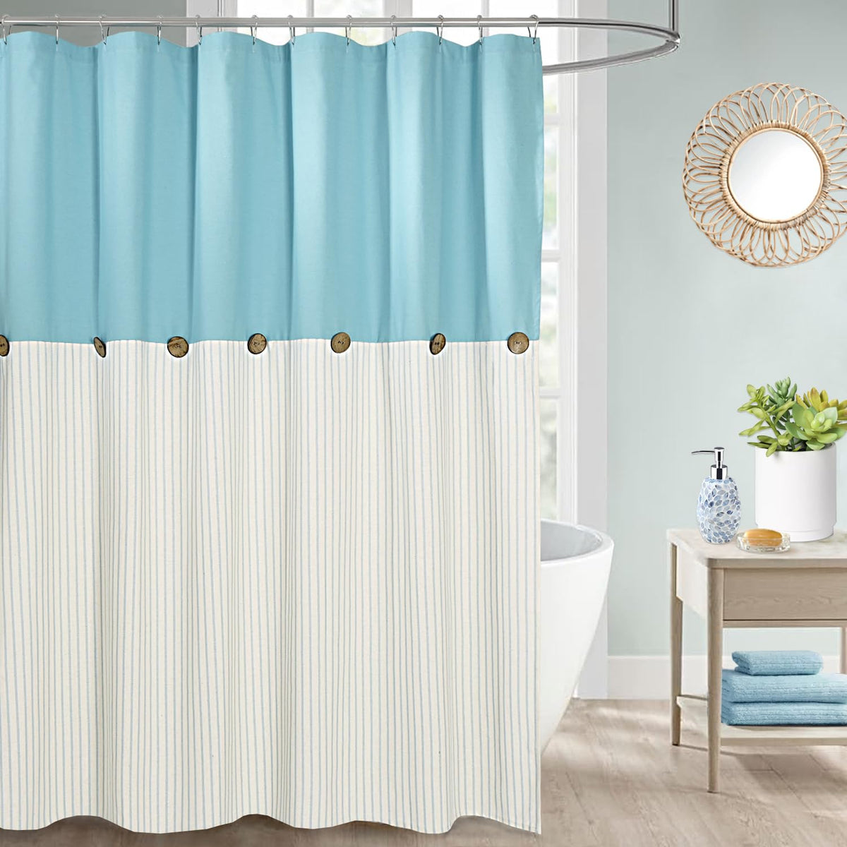 DOSLY IDÉES Farmhouse Shower Curtain,Beige and Gray Stripe,Button Curtain,Linen and Cotton Woven Fabric,Rustic Charm Country Chic Style,72x72 in