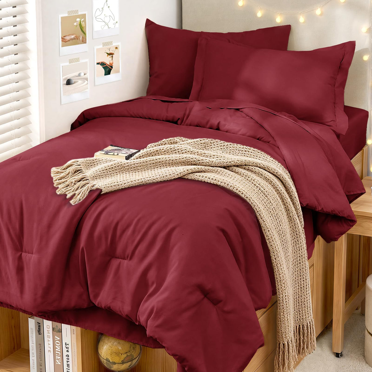 MUXHOMO Full Comforter Set 7 Pieces, Soft Bed in a Bag, Beige