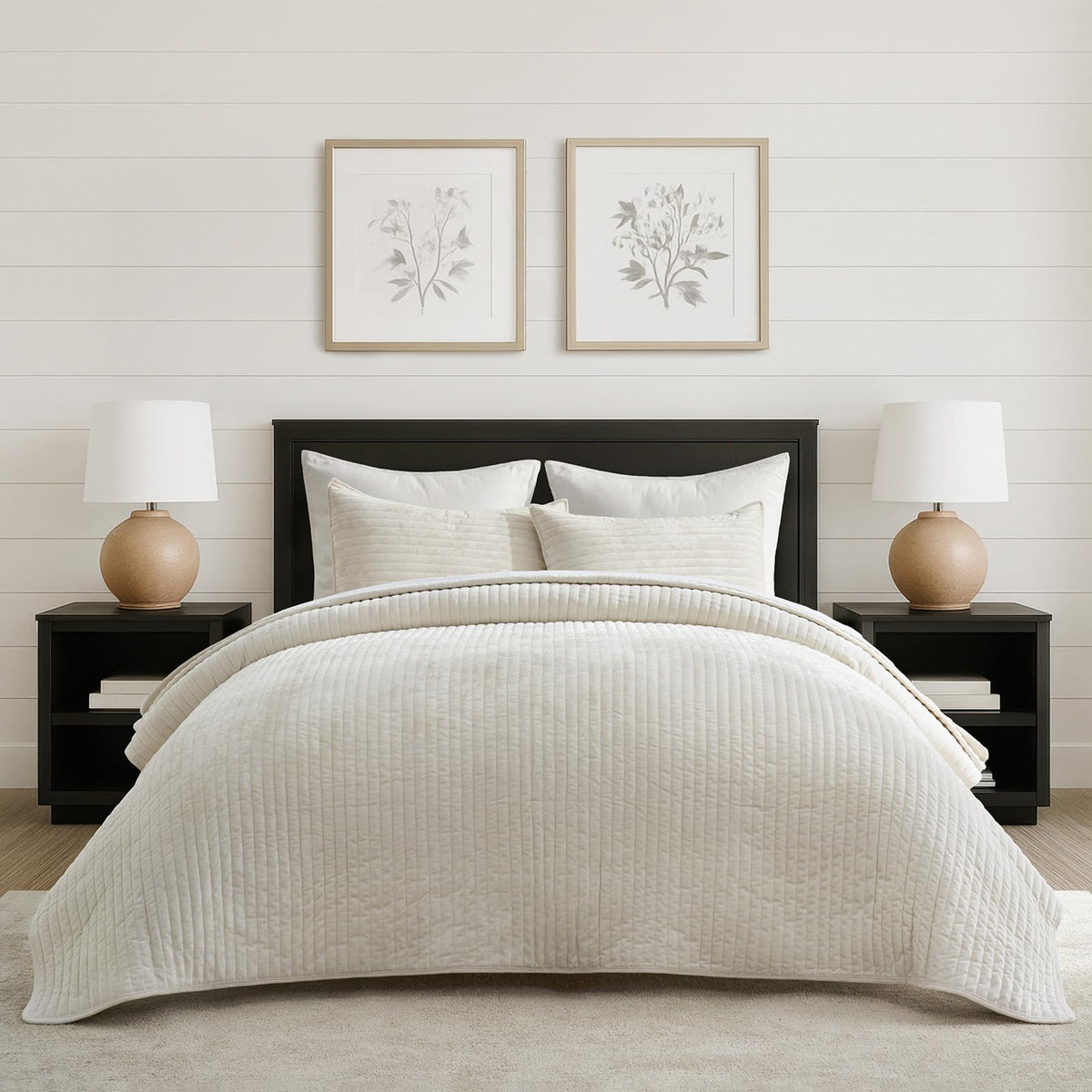 EverGrace Stripe Channel Luxury Velvet Quilt Set King Size, Beige Taupe