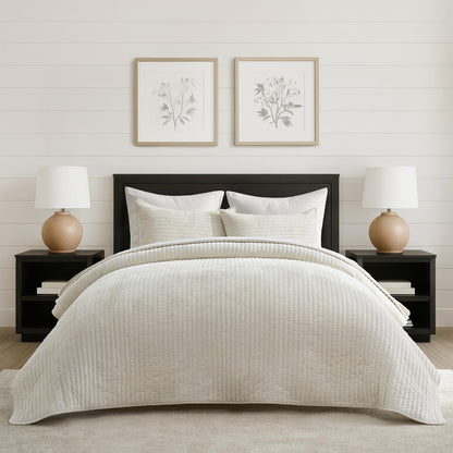 EverGrace Stripe Channel Luxury Velvet Quilt Set King Size, Beige Taupe