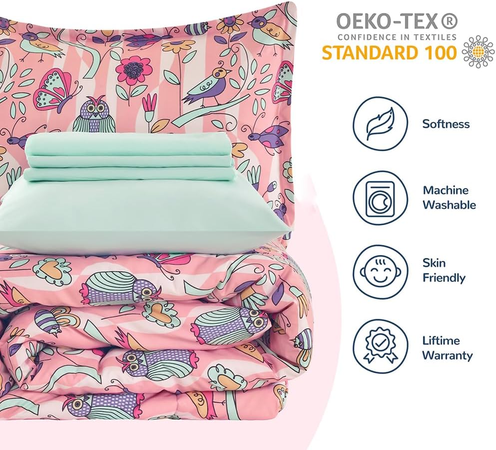 SLEEP ZONE Comforter Set Bed in A Bag, 7 Pieces Girls, Cattoon Pattern for Kids, Toddlers, Teens, Ultra Soft and Washable (Garden Secret,Full/Queen)