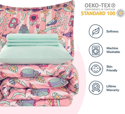 SLEEP ZONE Comforter Set Bed in A Bag, 7 Pieces Girls, Cattoon Pattern for Kids, Toddlers, Teens, Ultra Soft and Washable (Garden Secret,Full/Queen)