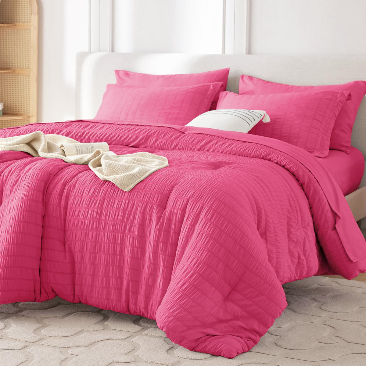MUXHOMO Queen Comforter Set 7 Pieces, Seersucker Bed in a Bag, Beige