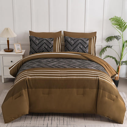 Luxudecor Burgundy Comforter Set Queen Size 7 Pieces Red and Black Stripe Bed in a Bag Geometric Comforter and Sheet Set, Soft Microfiber Complete Bedding Sets for All Seasons