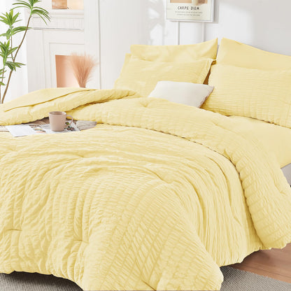 Queen Comforter Set - 7PCS Bed in a Bag, Seersucker Bedding Set, Beige