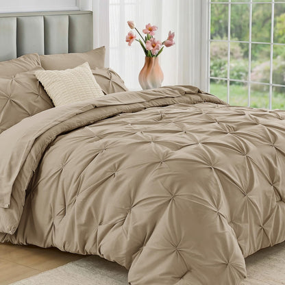 JOLLYVOGUE Queen Comforter Set 7 Pieces - Bed in a Bag Queen for All Season, Pintuck Bedding Comforter Sets with Comforter, Flat Sheet, Fitted Sheet and Pillowcases & Shams, Pink