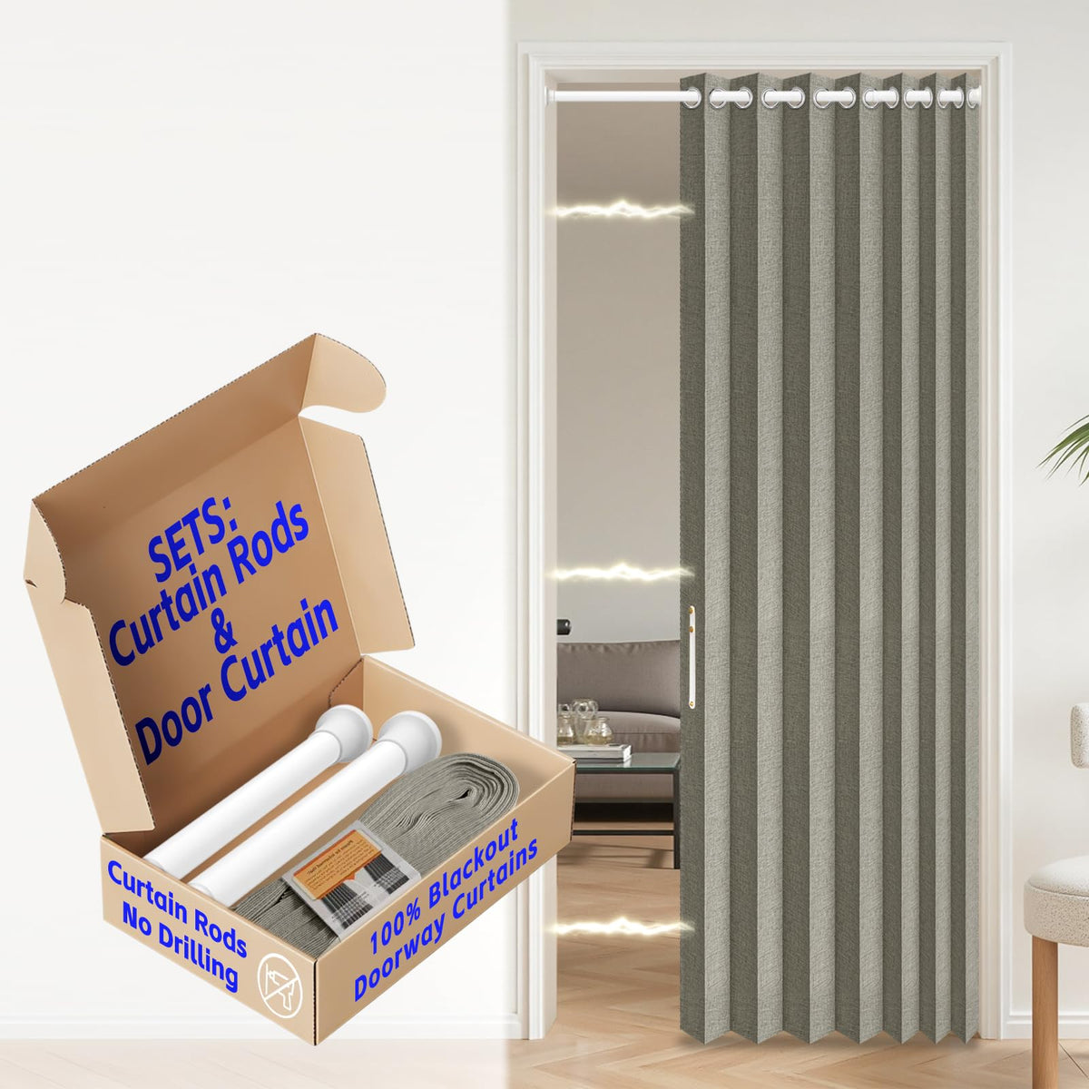 AJAZZ Blackout Accordion Door Magnetic Door Curtain Folding Closet Doors Curtain Invisible for Bedroom Room Living Room Doorway, Grey 42" W x 78" L, 1 Panel
