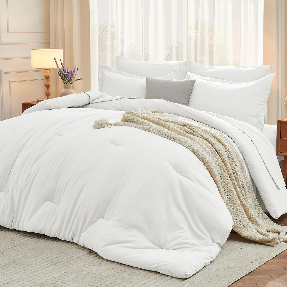 MUXHOMO Queen Comforter Set 7 Pieces, Soft Bed in a Bag, Olive Green