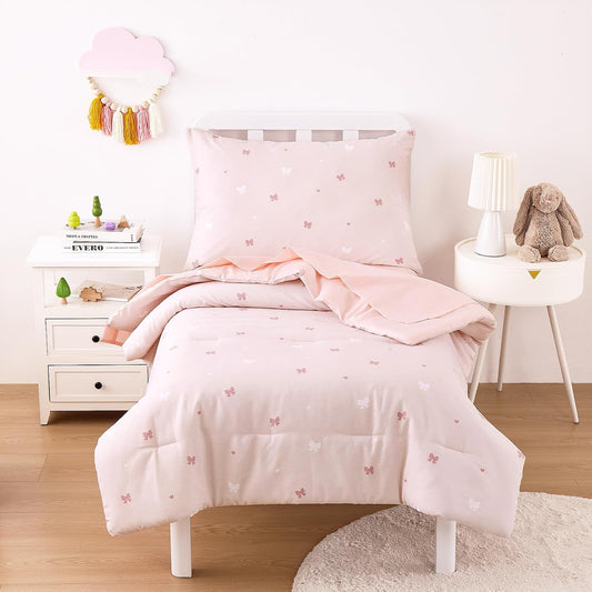 Wake In Cloud - Toddler Bedding Set for Girls, 100% Cotton Fabric, Cute Bow Heart Romantic Princess Style, 4 Pieces Soft Crib Bed Set Including Comforter, Sheets and Pillowcase, Pastel Pink