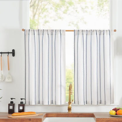 jinchan Linen Striped Tier Curtains for Kitchen Windows Green 26 x 24 inch
