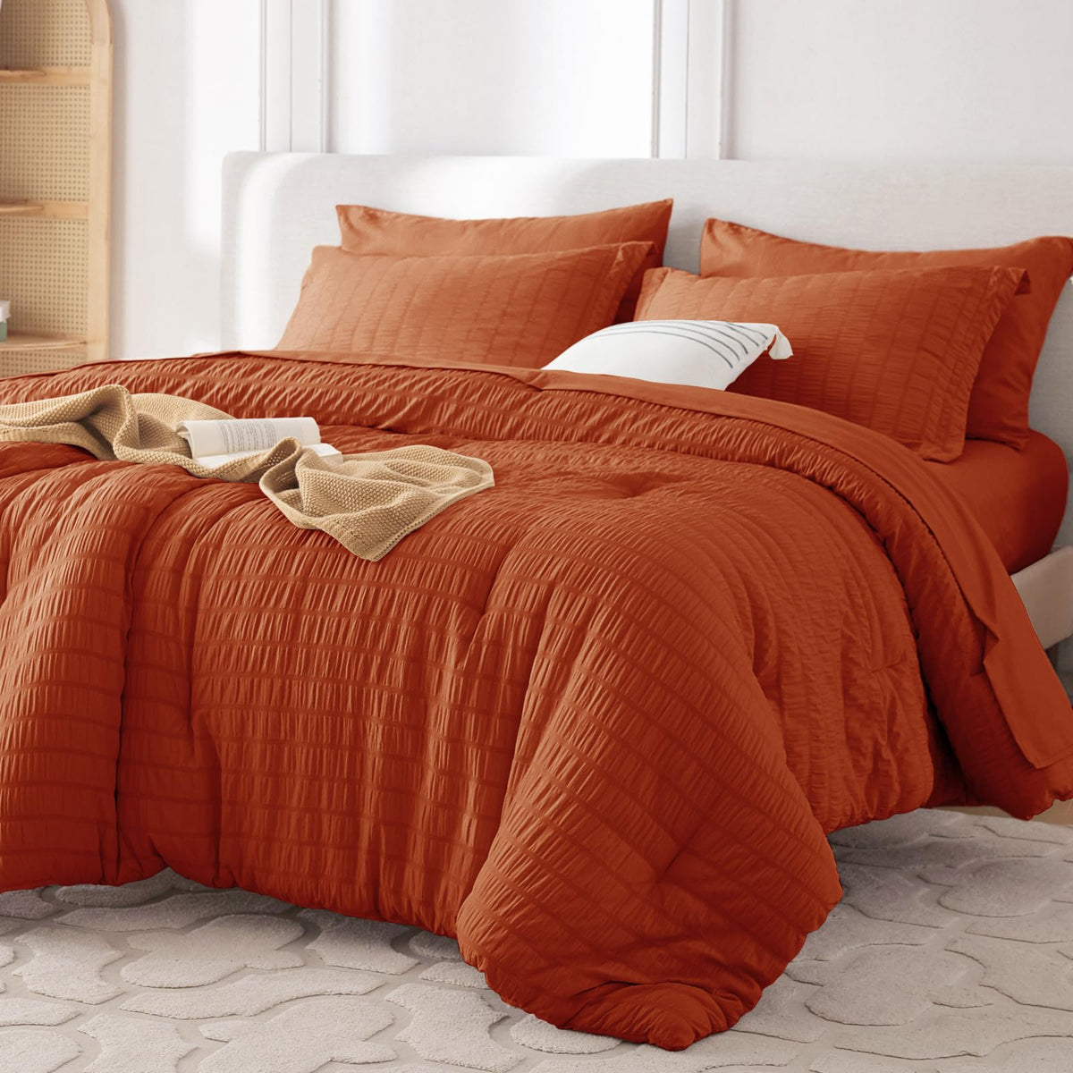 MUXHOMO Queen Comforter Set 7 Pieces, Seersucker Bed in a Bag, Beige