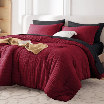 MUXHOMO Queen Comforter Set 7 Pieces, Seersucker Bed in a Bag, Beige