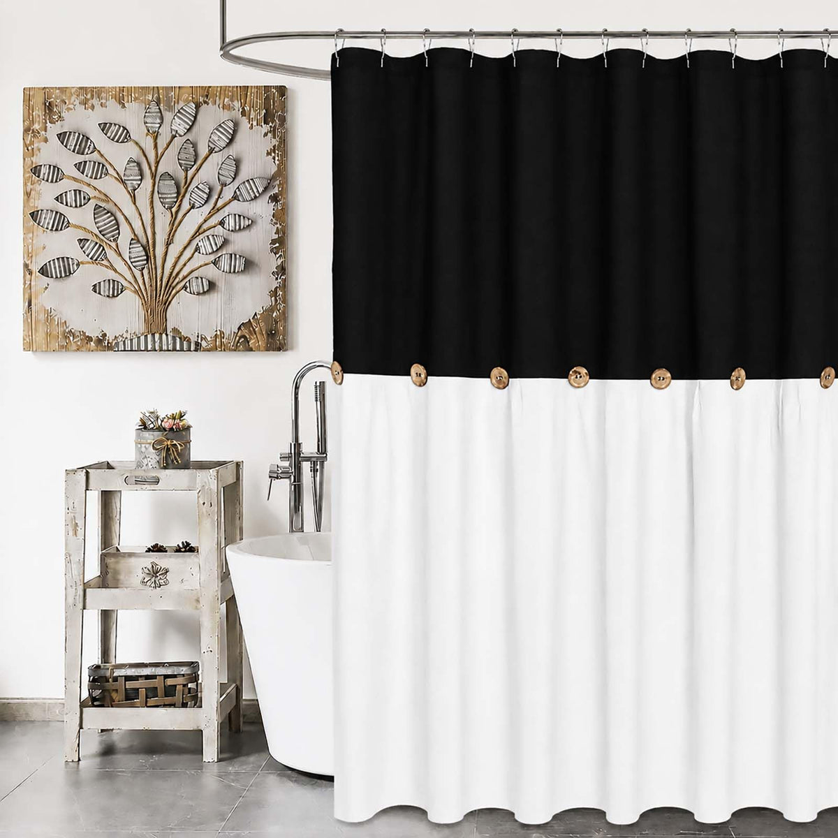 DOSLY IDÉES Farmhouse Shower Curtain,Beige and Gray Stripe,Button Curtain,Linen and Cotton Woven Fabric,Rustic Charm Country Chic Style,72x72 in