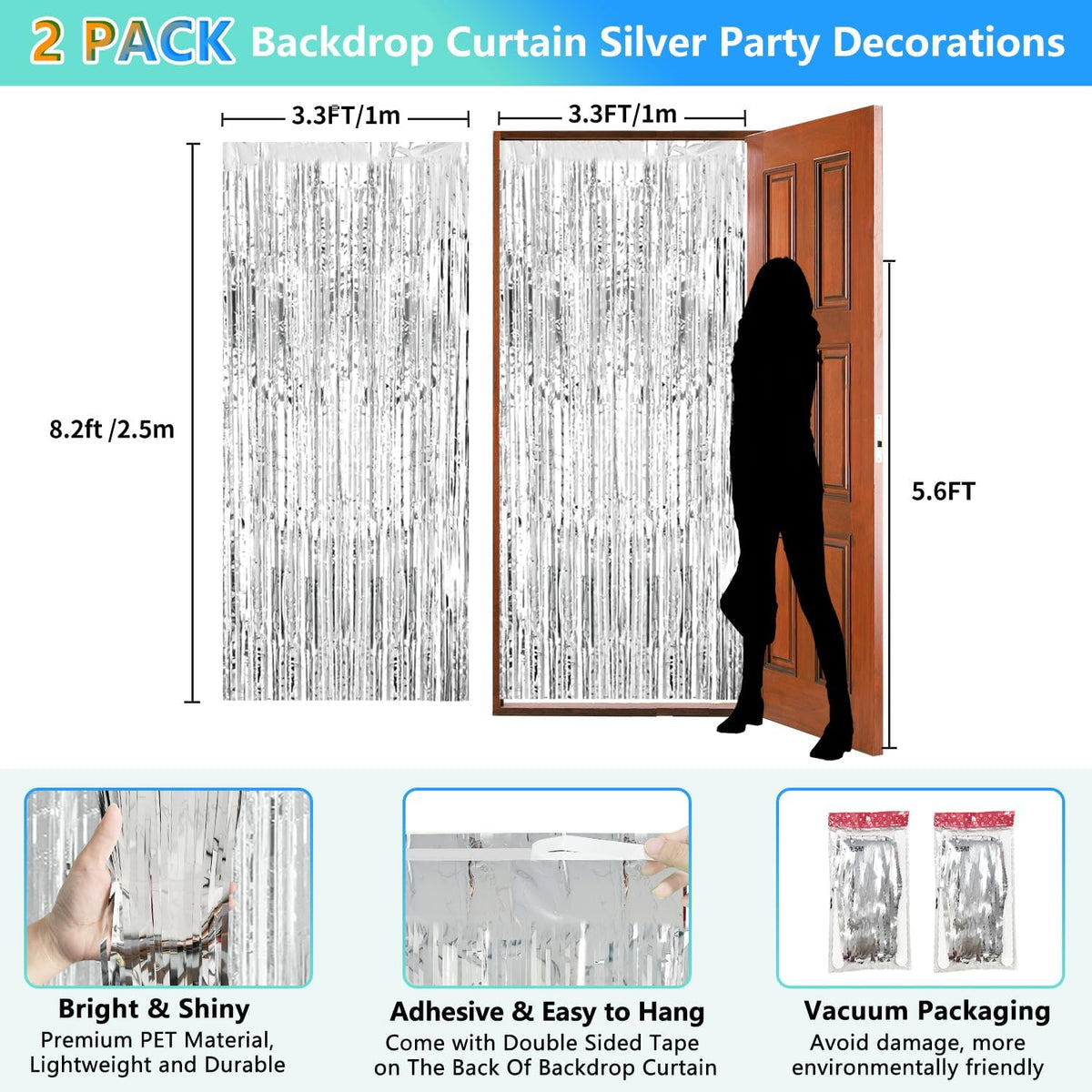2 Pack Foil Curtain Backdrop Curtains Silver Tinsel Door Streamers Birthday Party Decorations Photo Backdrop Props for Party Graduation Wedding Bachelorette Christmas Baby Shower
