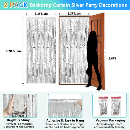 2 Pack Foil Curtain Backdrop Curtains Silver Tinsel Door Streamers Birthday Party Decorations Photo Backdrop Props for Party Graduation Wedding Bachelorette Christmas Baby Shower