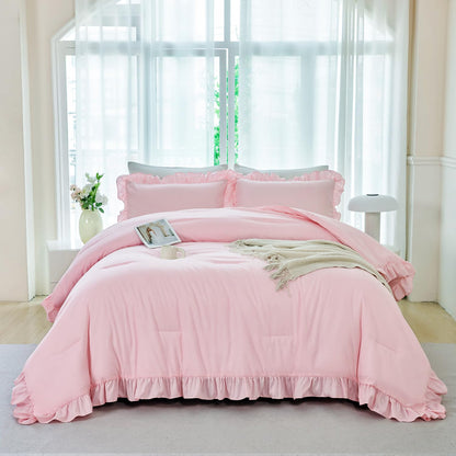 ANGIYUIN Light Blue Ruffle Girls Comforter Set Twin Size 5 Pieces Ruffled Farmhouse Bed in A Bag Solid Boho Bedding Comforter Sets Soft Fluffy Bed Sets for Kids Girl(Light Blue Twin)