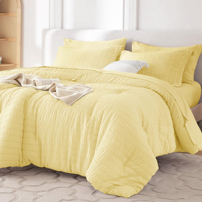 MUXHOMO Queen Comforter Set 7 Pieces, Seersucker Bed in a Bag, Beige