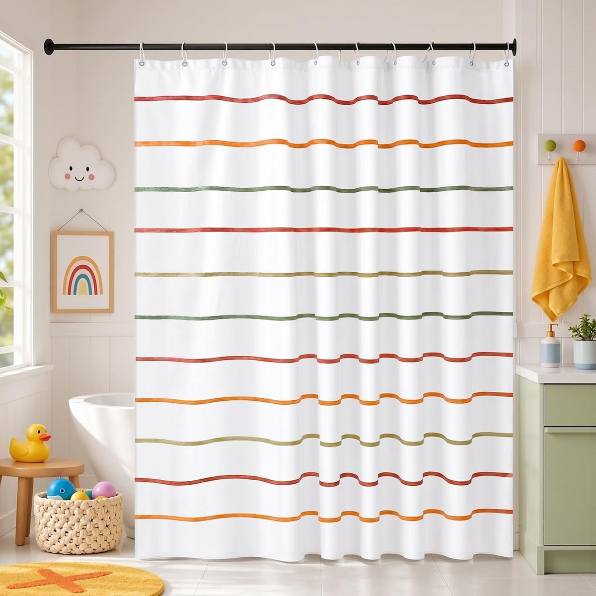 Kids Bathroom Shower Curtain, Colorful Hand-Drawn Stripe Design, 72 x 72