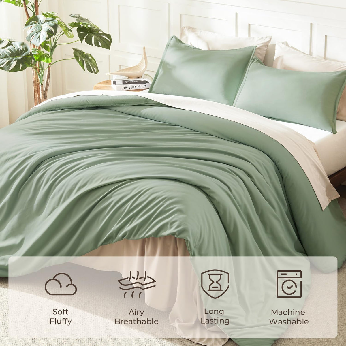 Litanika Queen Comforter Set Sage Green, 3 Pieces Lightweight Solid Bed Set
