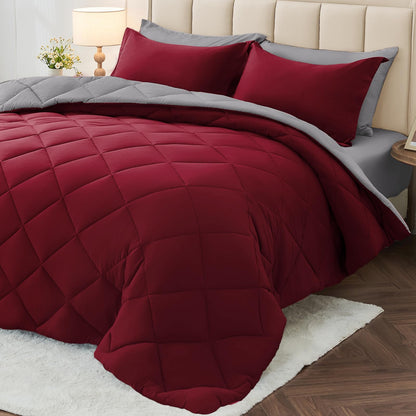 MUXHOMO Queen Comforter Set 7 Pieces, Reversible Bed in a Bag, Red/Black