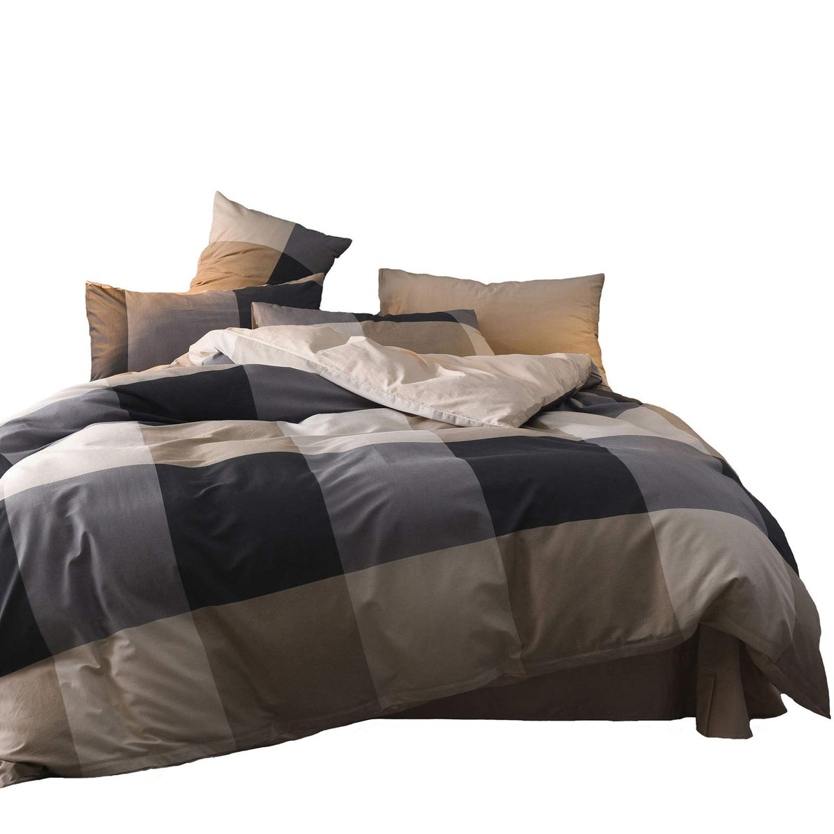 Comforter Queen Set Grid Black 100% Soft Washed Microfiber Jacquard 3 Pieces Grid Bedding Sets Grey White Comforter Queen for All Seasons and 2 Pillowcases Comfort Breathable