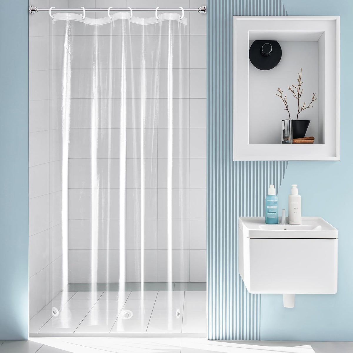 EurCross Clear Shower Curtain Liner Short Length 68 inches with 5 Magnets, Waterproof PVC-Free 9G Heavy Duty PEVA Shorter Transparent Shower Curtain 72 x 68 inch Without Hooks