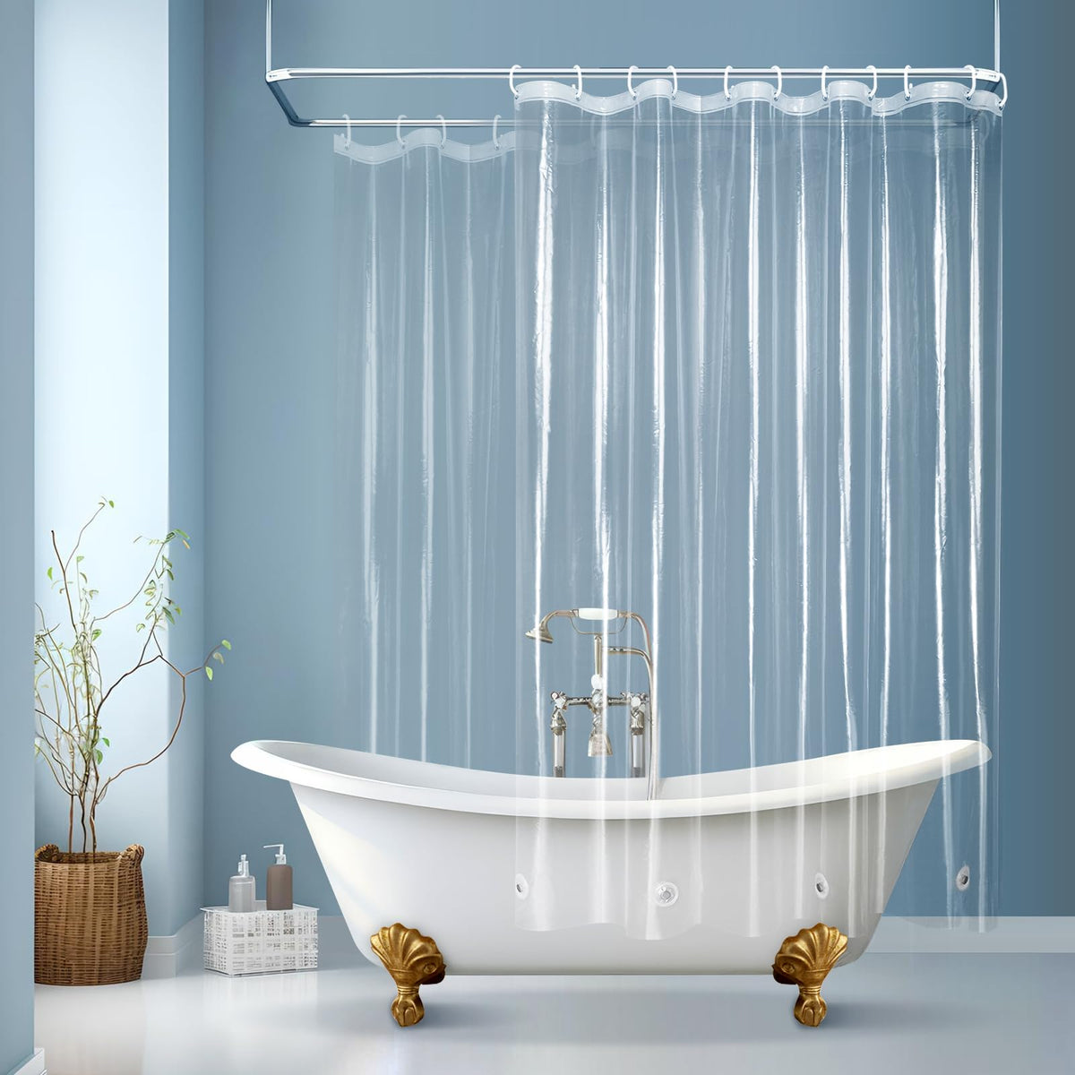 EurCross 9G Clear Shower Curtain Liner 72 x 78 inches Long with 5 Magnet Weights, Heavy Duty Weighted Premium PEVA Plastic Shower Curtain Liner for Bathroom, Without Hooks