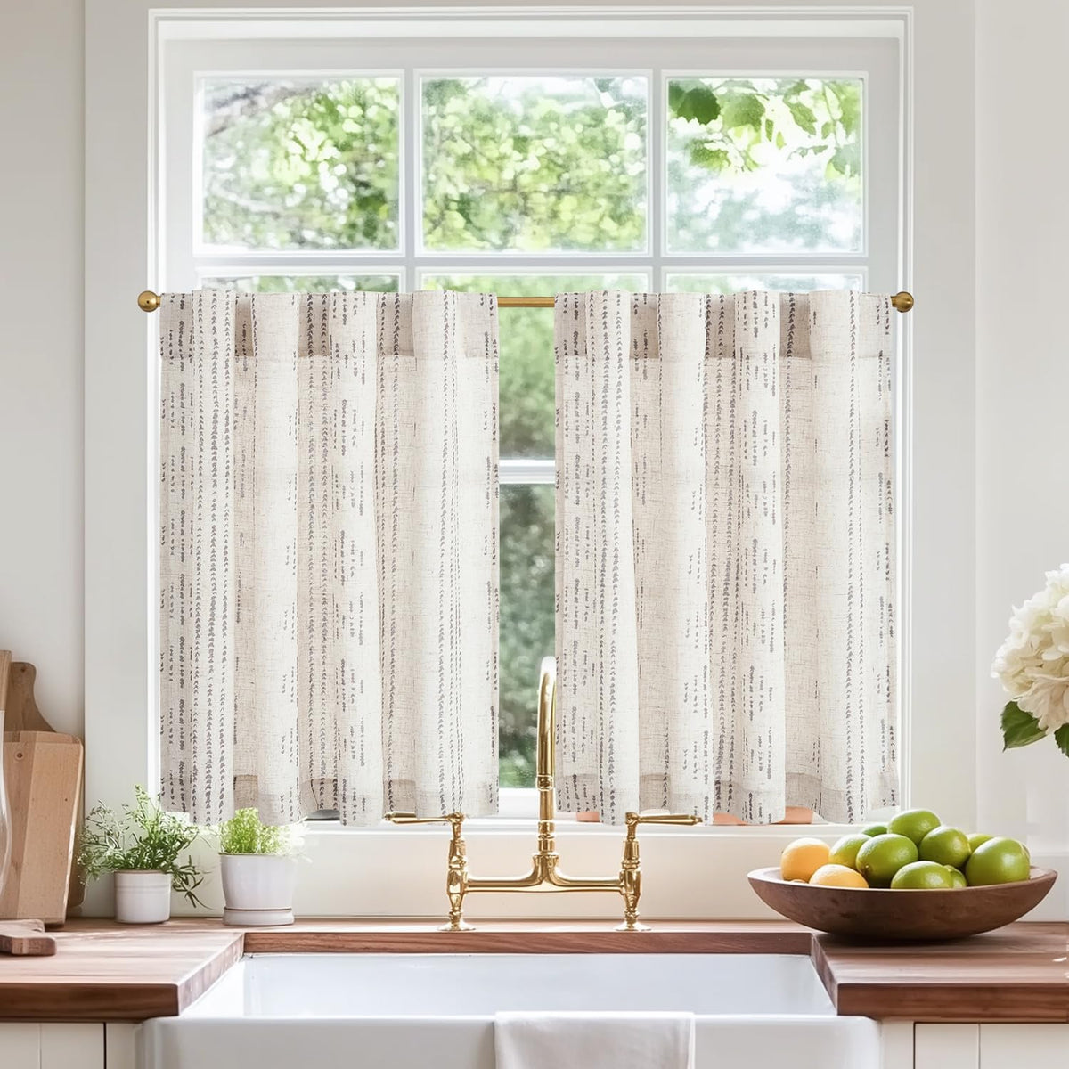 jinchan Linen Striped Tier Curtains for Kitchen Windows Green 26 x 24 inch