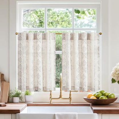 jinchan Linen Striped Tier Curtains for Kitchen Windows Green 26 x 24 inch