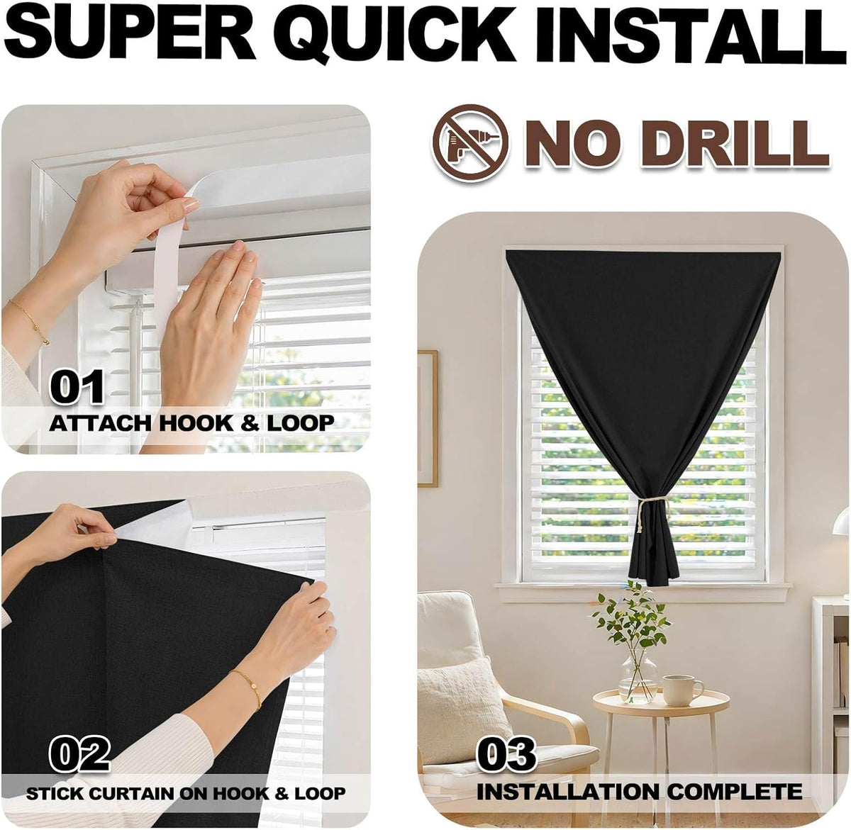 Jilron Adhesive Curtain,100% Blackout Curtains, No Drilling, Suitable for Multi-Scenes Privacy Protection (Black - W35 × L60 in)