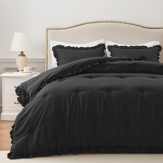 HARBOREST Queen Comforter Ruffle Black, Fluffy Queen Bedding, 3 Pieces Shabby Chic Comforter Set(1 Comforter & 2 Pillow Shams)