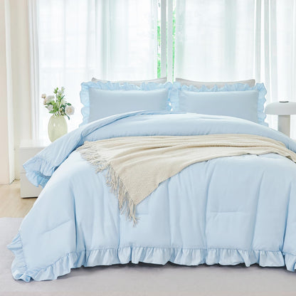 ANGIYUIN Light Blue Ruffle Girls Comforter Set Twin Size 5 Pieces Ruffled Farmhouse Bed in A Bag Solid Boho Bedding Comforter Sets Soft Fluffy Bed Sets for Kids Girl(Light Blue Twin)