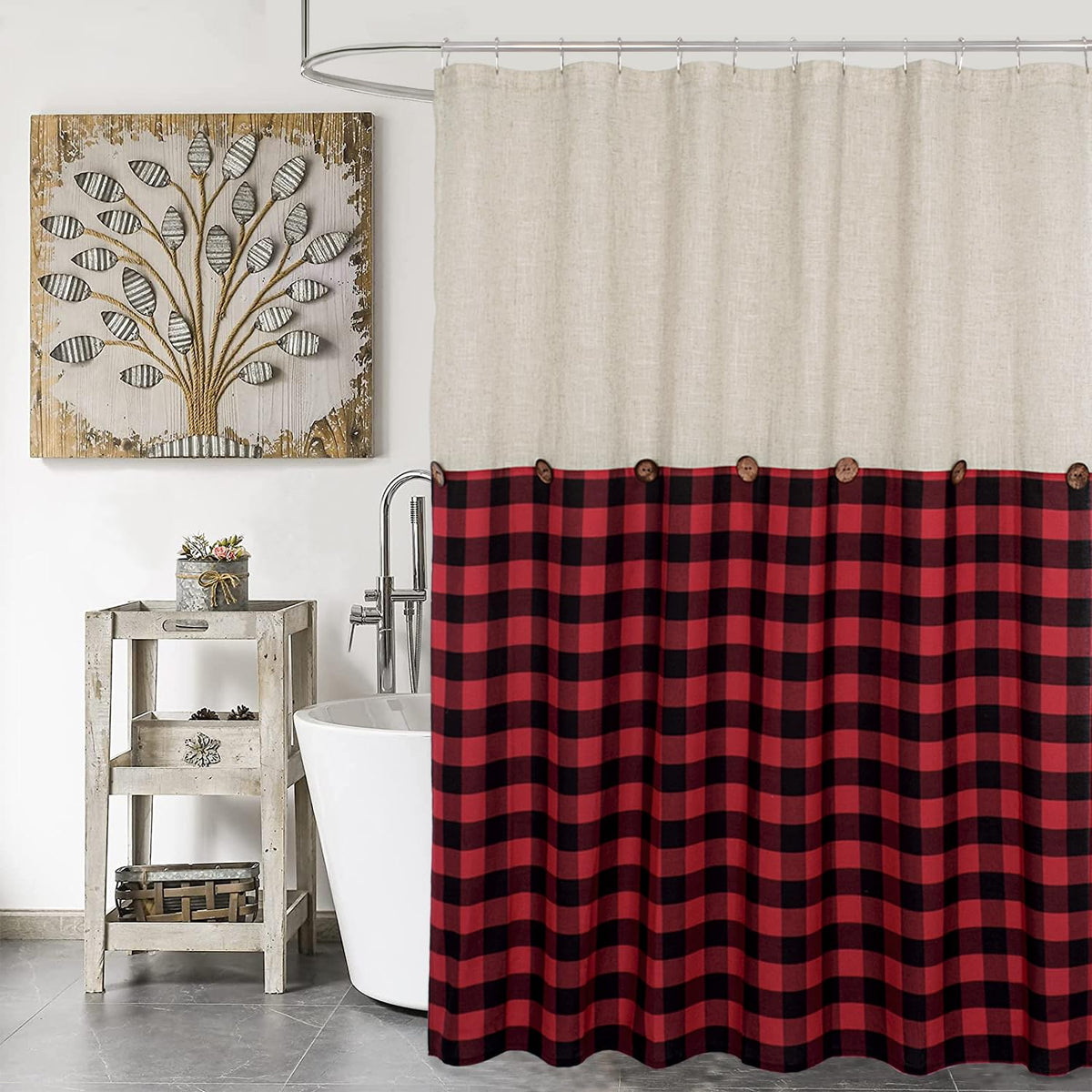 DOSLY IDÉES Farmhouse Shower Curtain,Beige and Gray Stripe,Button Curtain,Linen and Cotton Woven Fabric,Rustic Charm Country Chic Style,72x72 in