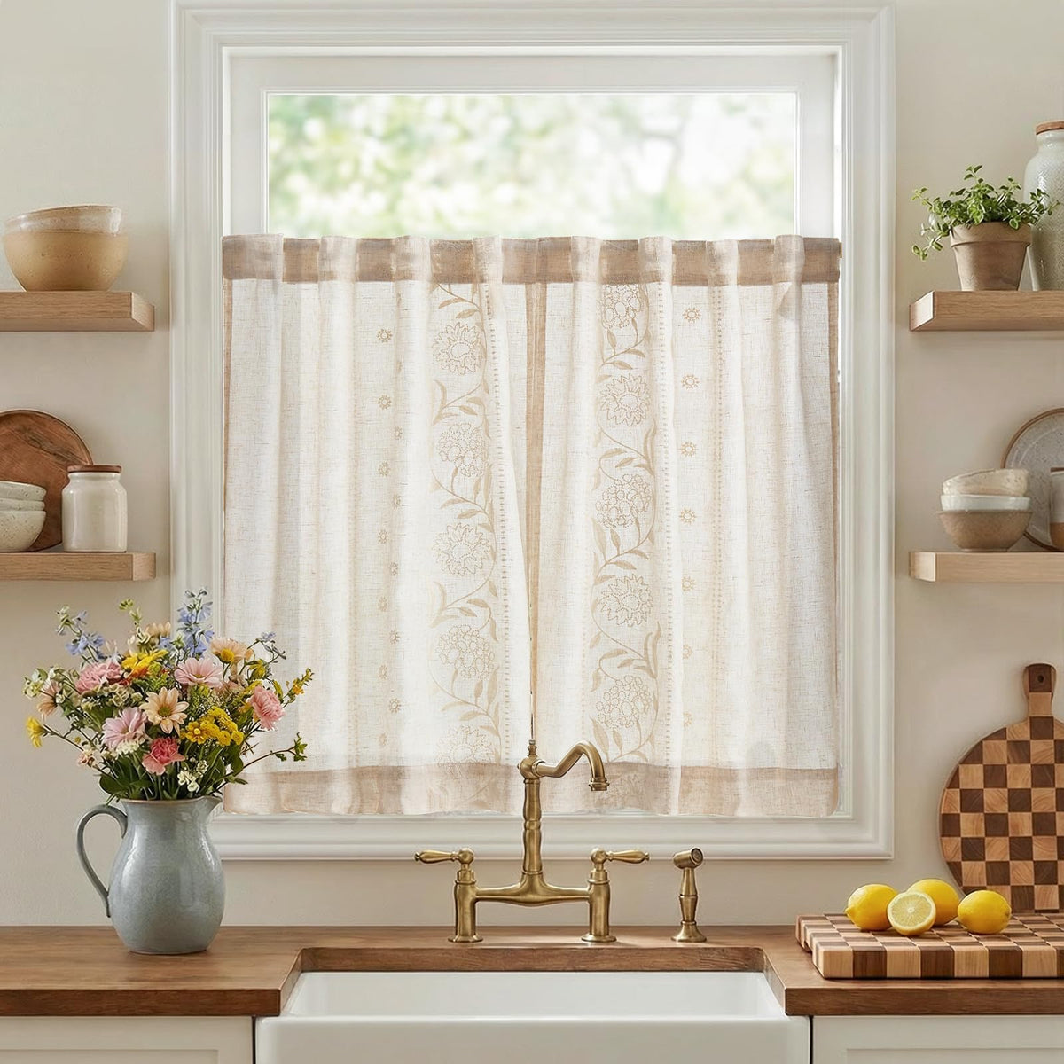 jinchan Beige Floral Linen Kitchen Tier Curtains 50x45 Inch 2 Panels