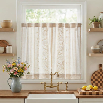 jinchan Beige Floral Linen Kitchen Tier Curtains 50x45 Inch 2 Panels