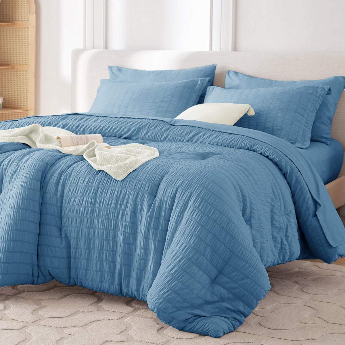 MUXHOMO Queen Comforter Set 7 Pieces, Seersucker Bed in a Bag, Beige