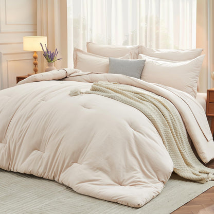 MUXHOMO Full Comforter Set 7 Pieces, Soft Bed in a Bag, Beige