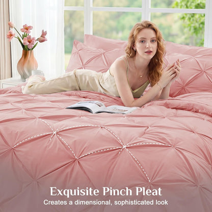 JOLLYVOGUE Queen Comforter Set 7 Pieces - Bed in a Bag Queen for All Season, Pintuck Bedding Comforter Sets with Comforter, Flat Sheet, Fitted Sheet and Pillowcases & Shams, Pink